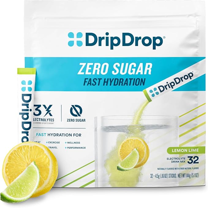 DripDrop Sugar Free Hydration Packets - Zero Lemon Lime - Single Serve Electrolytes Powder Drink Mix - Non-GMO, Gluten Free, Vegan - 32 Sticks