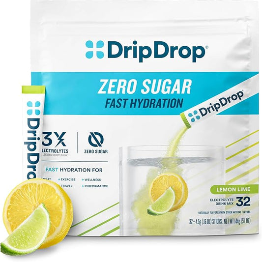 DripDrop Sugar Free Hydration Packets - Zero Lemon Lime - Single Serve Electrolytes Powder Drink Mix - Non-GMO, Gluten Free, Vegan - 32 Sticks