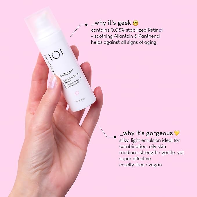 Geek & Gorgeous - A-Game 5-0.05% Retinal serum - silky, light with medium-strength retinal, anti-aging - all skin types, especially combination & oily skin, 1 oz