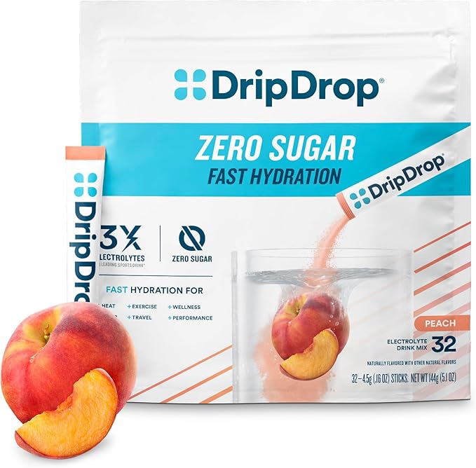 DripDrop Sugar Free Hydration Packets - Zero Peach - Single Serve Electrolytes Powder Drink Mix - Non-GMO, Gluten Free, Vegan - 32 Sticks