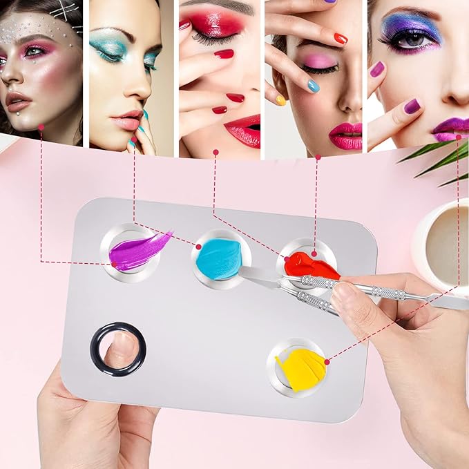 4 in 2 Set Makeup Mixing Palette, Makeup Palette for Foundation, Makeup Mixing Tray, Stainless Steel Mixing Tray with Spatula for Mixing Foundation Eye Shadow Nail Art, Makeup Foundation Mixing Tray