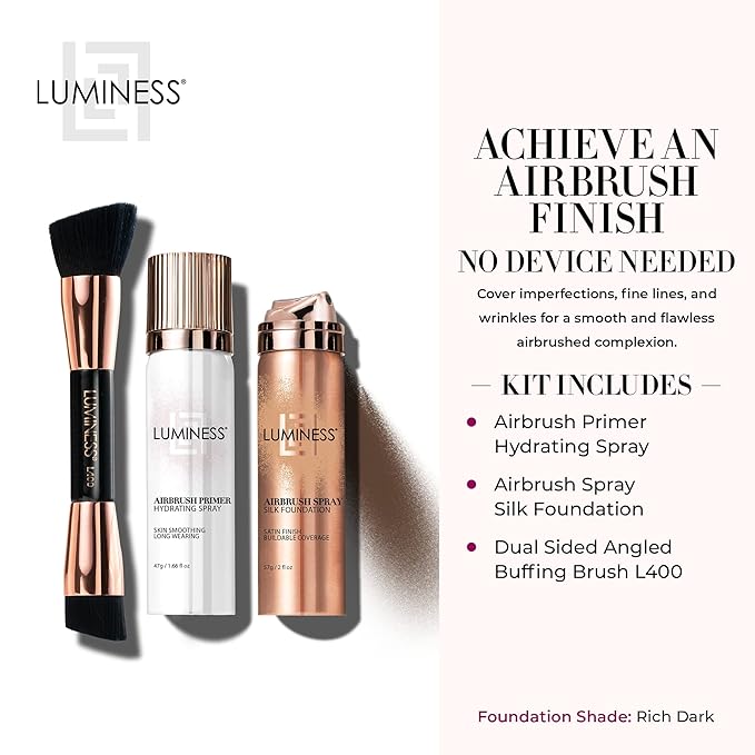 LUMINESS Airbrush Spray Silk Foundation Starter Kit - Deep Dark - Foundation, Primer & Dual-Sided Angled Buffing Brush - Medium, Buildable Coverage, Anti-Aging Formula Hydrates & Moisturizes