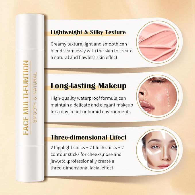 8 PCS Contour Stick Makeup Contour Kit,Double-ended Design with Highlighter,Blush and Bronzer Stick,Lightweight,Easy to Sculpt,Create a Matte and Dewy Finishing Makeup（Set B）