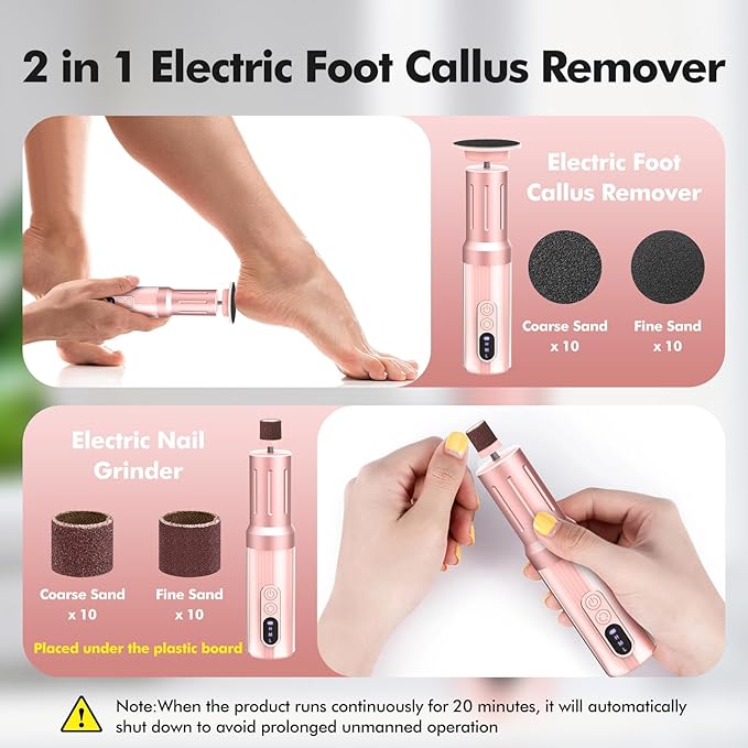 Electric Foot Callus Remover Cordless Electric Foot Filer Kit with 6Speeds Chagring Dock Callus Remover for Women Feet and Nail (Pink)