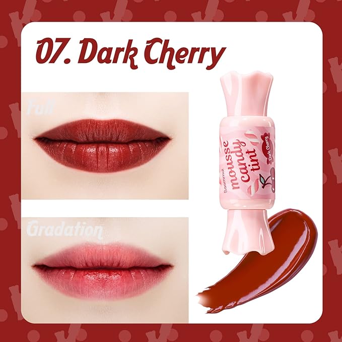 THESAEM Saemmul Mousse Candy Tint #7 Dark Cherry Mousse - High Pigment Matte Finish Long Lasting Lip Stain with Honey Extracts to Hydrate Lips - Weightless & Smudge-Proof, 0.3 fl.oz.