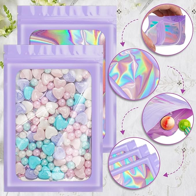 100 Pieces Smell Proof Mylar Bags, Holographic Packaging Bags, Resealable Odor Foil Pouch Zipper Bag with Clear Window for Food Storage and Lipgloss, Jewelry Lash (Purple, 3 x 4.7 Inch)