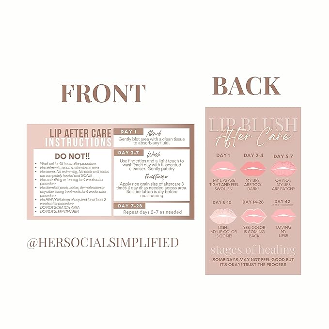 Lip Blush Aftercare Instruction Cards | 55 Pack | 2x3.5” inch Business Card Size | Lip Blush Supplies