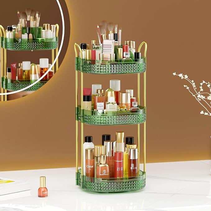 Awenia Rotating Makeup Organizer 360, Stackable Adjustable Large Capacity Cosmetic Storage Unit,Dresser Bathroom Kitchen Countertop Organizer with Metal Handle, Plus Size (Gem Green, 3 Tier)