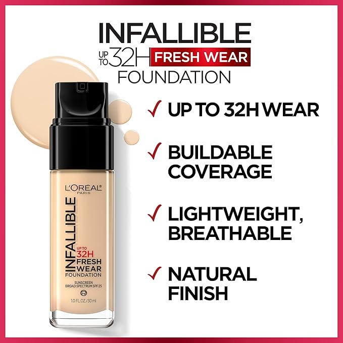 L'Oreal Paris Makeup Infallible Up to 32 Hour Fresh Wear Lightweight Foundation, 405 Porcelain, 1 Fl Oz, Packaging May Vary