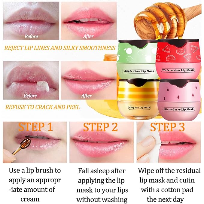 Honey Lip Balm Pot, 3 Pcs Honey & Strawberry & Apple Lime Lip Mask Propolis Moisturizing Hydrating Prevention Dry and Cracked Lip Scrubs Exfoliator