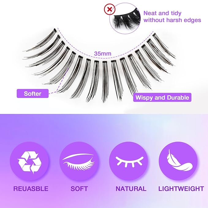 Wispy False Eyelashes Kit With Bond, Seal and Tweezer, 7 Pairs Natural Look Fake Cat Eye Lashes Strips Thin Band Extensions Waterproof Easy Eyelashes for Beginners DF99#