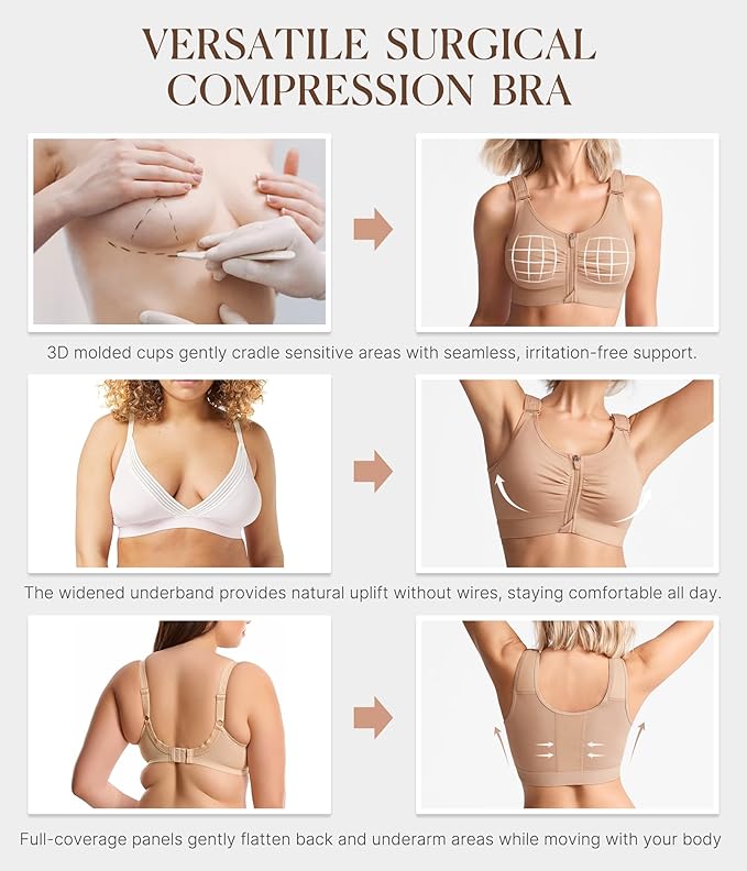 BRABIC Zip Front Closure Everyday Bra for Women Post Surgery Compression Support with Adjustable Straps Wirefree