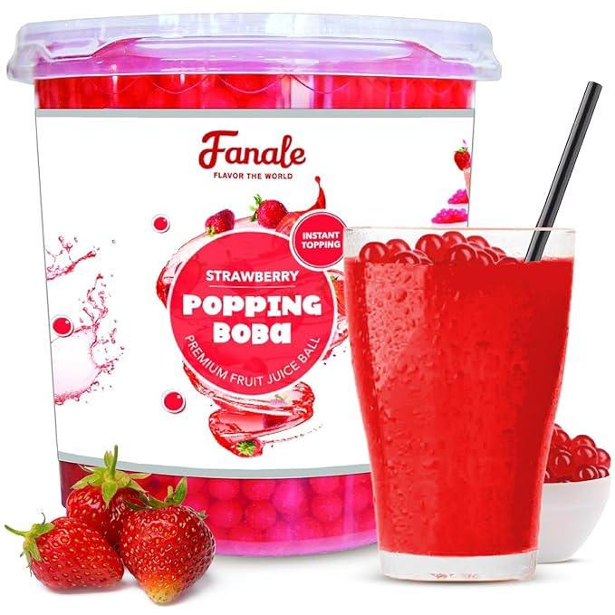 Fanale Strawberry Popping Boba Pearls, Vegan, Non GMO, Gluten Free, Fat Free, Perfect for Bubble Tea, Smoothies, Ice Cream, Desserts, and Beverages.
