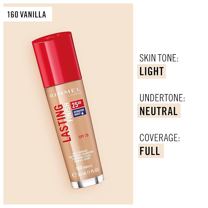 Rimmel London Lasting Finish 25HR - 160 Vanilla - Foundation, 25-Hour Wear, Full Coverage, Waterproof, 1oz