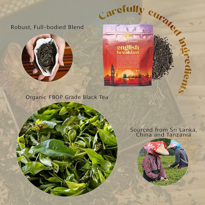 English Breakfast Tea, Organic Loose Leaf Black Tea – Robust, Full-Bodied, Classic Blend – Drink Hot or Iced – 4 oz Resealable Bag (Makes 50 Cups) – The Elegant Elephant
