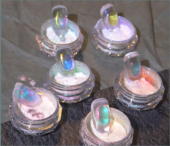 Ice Transparent Aurora Nail Powder Neon Rainbow Holographic Chameleon Powder Multi Chrome Iridescent Pigment Pearlescent Nail Art Glitters (6 Boxes Transparent)