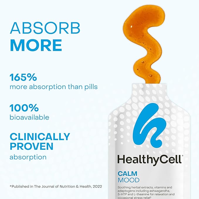 Healthycell Calm Mood Daily Liquid Supplement - Cortisol Manager & Mood Support Supplement for Stress with Ashwagandha, L-Theanine, Magnesium, 5-HTP, GABA & Saffron - 30 Gel Packs