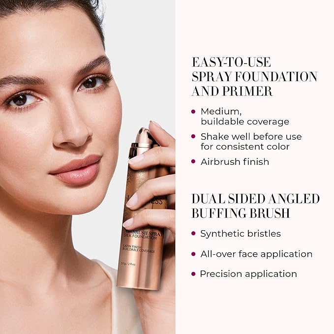 LUMINESS Airbrush Spray Silk Foundation Starter Kit - Warm - Foundation, Primer & Dual-Sided Angled Buffing Brush - Medium, Buildable Coverage, Anti-Aging Formula Hydrates & Moisturizes