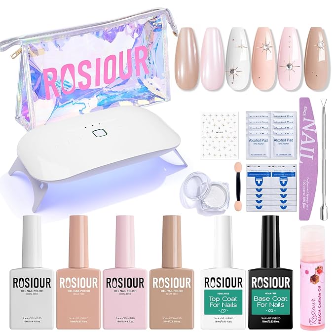Gel Nail Polish Kit with U V Light, Hema-Free White Light Nude Pink Summer Gel Polish Set with Base & Top Coat Chrome Nail Powder, 4 Colors Mini Salon Nail Art Starter Gift for Women Girl