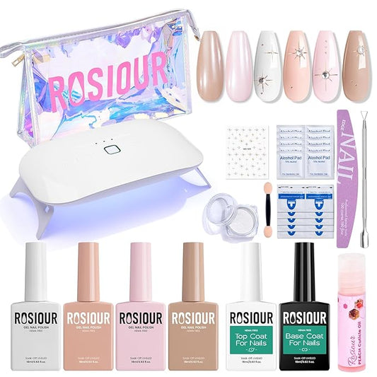 Gel Nail Polish Kit with U V Light, Hema-Free White Light Nude Pink Summer Gel Polish Set with Base & Top Coat Chrome Nail Powder, 4 Colors Mini Salon Nail Art Starter Gift for Women Girl