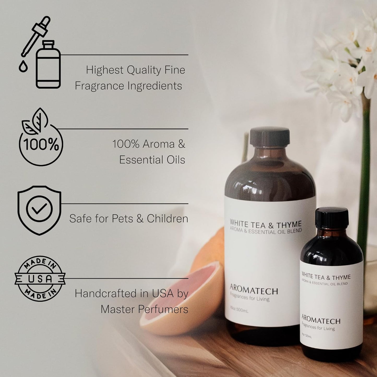 AromaTech White Tea and Thyme Aroma Essential Oil Blend: Luxury Hotel Inspired Aromatherapy with Tea Leaf, Fresh Thyme & Amber for Ultrasonic Diffusers & Nebulizers - 4 fl oz, 120 ml