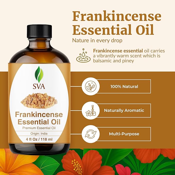 SVA Frankincense Essential Oil – 4 Fl Oz – 100% Natural Boswellia Serrata Oil - for Diffuser, Hair Care, Face, Skin Care, Aromatherapy, Scalp and Body Massage, Soap and Candle Making – with Dropper