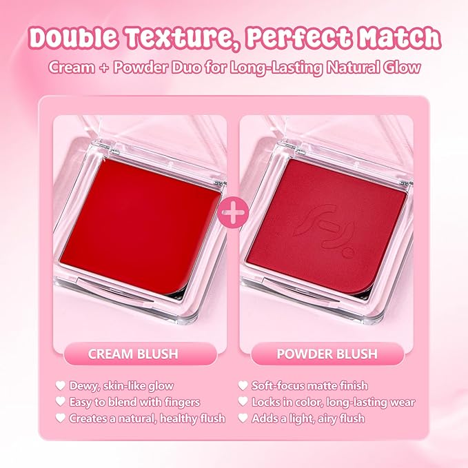 Blush Palette Duo – Cream & Powder Blush Set in Classic Red, Long-Wearing & Moisturizing, Easy to Blend, Radiant Coverage for Cheeks, Eyes & Lips, Magnetic Palette Compatible (2Pack,Merlot Mood)