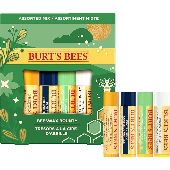 Burt's Bees Holiday Gift, 4 Lip Balms Stocking Stuffer, Assorted Mix Set, Classic Beeswax, Vanilla, Cucumber Mint & Coconut And Pear