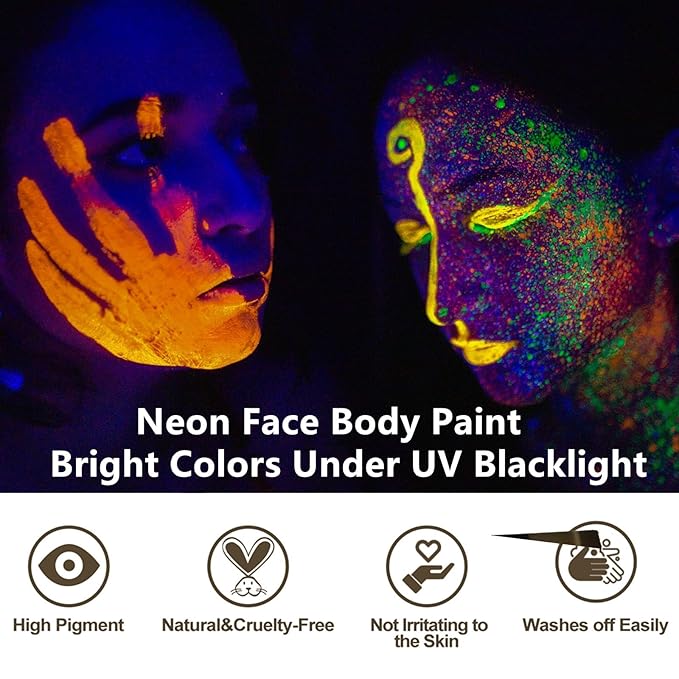 Go Ho Neon Orange Body Paint Washable(2.37oz,70ml),under UV Blacklight Neon Face Paint,Water Based Neon Fluorescent Orange Face Paint for Adults Children SFX Cosplay Costumes Halloween Makeup