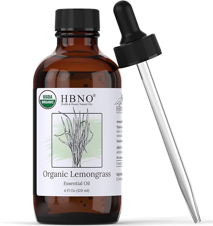 HBNO Organic Lemongrass Essential Oil - Huge 4 oz (120ml) Value Size - USDA Certified Organic Lemongrass Essential Oil, Perfect for Aromatherapy, Soap Making, DIY, Diffuser