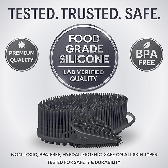 Avilana Silicone Body Scrubber – Gentle Shower Brush & Loofah Alternative- Food Grade & Lab Tested – Fast-Drying, Hygienic, BPA-Free Silicone Body Gentle Exfoliator (Dark Gray, Body & Face)
