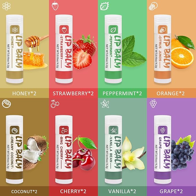 24 Pack Lip Balm, Natural Lip Balm Bulk with Vitamin E and Coconut Oil, Moisturizing Soothing Chapped Lips-8 Flavors