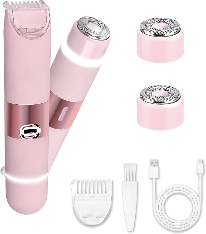 Bikini Trimmer for Women, Glow Aura Womens Shaver, Quiet Dual Head Waterproof Cordless Rechargeable Painless Trimmer for Underarms, Legs, Body (Pink)
