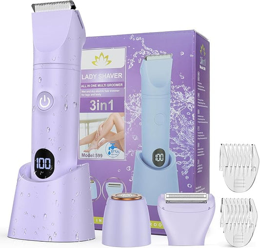 Bikini Trimmer for Women, 3 in 1 Electric Razors for Women, Waterproof Pubic Hair Trimmer and Facial Hair Remover, Rechargeable Electric Shaver for Underarm Leg Arm Body with LED Display