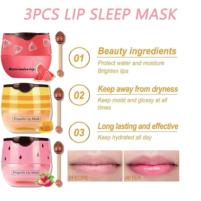 Bee Lip Balm Honey Pot, Strawberry & Honey Moisturizing Propolis Lip Mask, Hydrating & Prevention Dry and Cracked Lip Scrubs Exfoliator, Reduces Lip Lines (Red Yellow Pink)