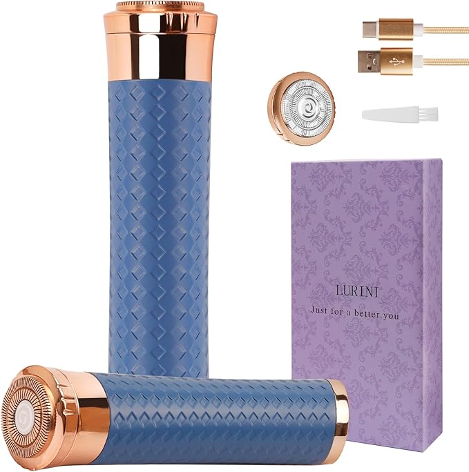 Facial Hair Remover for Women, Painless Rechargeable Hair Removal Device, Comes with 2 Replacement Heads, Portable Electric Shaver/Razors for Face, Chin, Upper Lip, arms and Peach Fuzz (Blue)