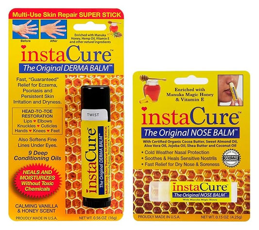 InstaCure's Original Nose Balm with Manuka Honey. Fast Relief for Cracked, Dry & Sore Noses + InstaCure Original Derma Balm Jumbo-Sized Skin Revival Tube. Soothes & Heals Dry, Irritated Skin