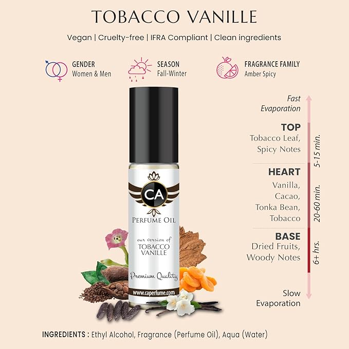 CA Perfume Impression of Tobacco Vanille For Men and Women Fragrance Body Oil Dupes Alcohol-Free Roll-On 0.3 Fl Oz/10ml