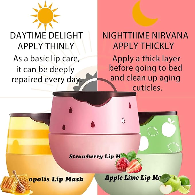 3 PCS Lip Balm Honey Pot, Honey Apple Strawberry Lip Masks Overnight, Propolis Moisturizing Lip Sleeping Mask, Prevention Dry Crack Lip Repair Nourishes the Lip Skin and Lip Wrinkle Care.