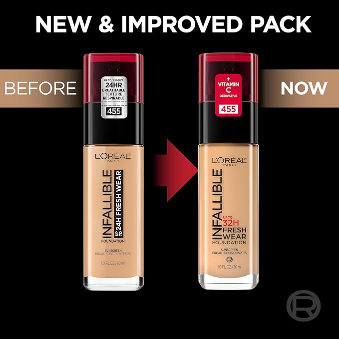 L'Oreal Paris Makeup Infallible Up to 32 Hour Fresh Wear Lightweight Foundation, 445 Vanilla, 1 Fl Oz, Packaging May Vary