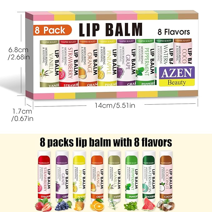 AZEN 8 Pack Lip Balm Stocking, Natural Lip Balm Bulk, Moisturizing Lip Balm for Dry Lips
