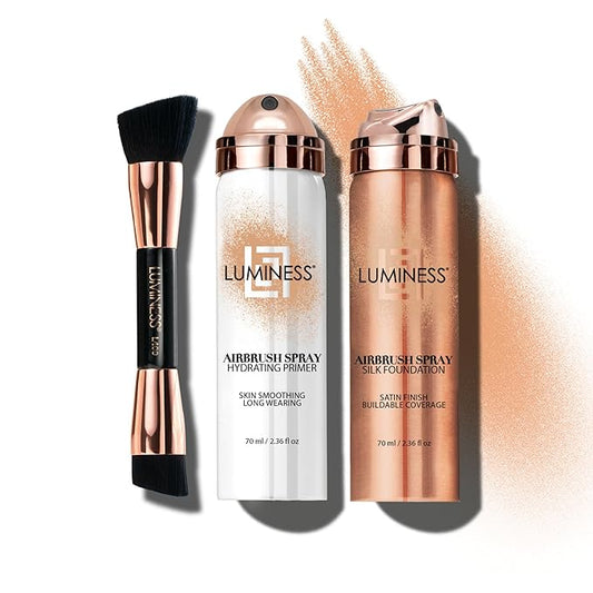 LUMINESS Silk Airbrush Spray Foundation Makeup Starter Kit - Full Coverage Foundation, Primer & Dual-Sided Angled Buffing Brush - Medium Warm