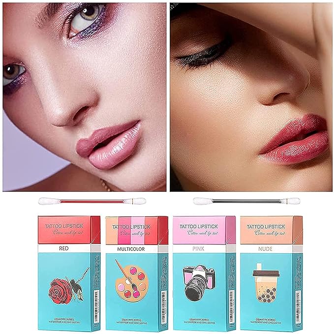 FLIPNEX 20Pcs Cotton Swab Tattoo Lipstick, Tattoo Lipstick Cotton Swab Lip Tint, Waterproof and Long Lasting Liquid Non-Stick Portable Lip Gloss (Pink)