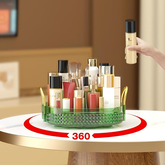 Awenia Rotating Makeup Organizer 360, Stackable Adjustable Large Capacity Cosmetic Storage Unit,Dresser Bathroom Kitchen Countertop Organizer with Metal Handle, Plus Size (Gem Green, 1 Tier)