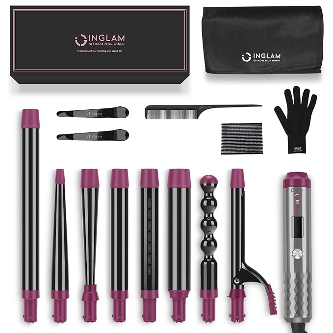 IG INGLAM Curling Iron Wand Set, 8 in-1 Interchangeable Ceramic Barrels with Infrared, Cucurbit, Tapered, Extended, 1in, 1 1/4 in, 3/4in Barrels and Clips