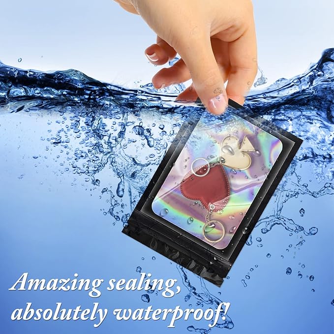 100 Pieces Smell Proof Mylar Bags, Holographic Packaging Bags, Resealable Odor Foil Pouch Zipper Bag with Clear Window for Food Storage and Lipgloss, Jewelry Lash (Black, 4 x 6 Inch)