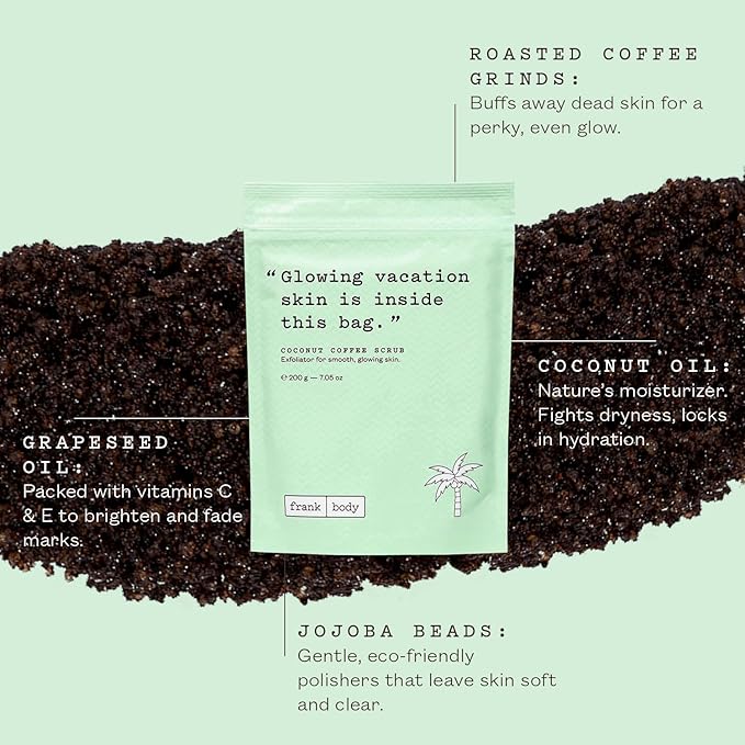 Frank Body Coconut Coffee Scrub | Natural, Vegan, Cruelty Free Exfoliating Body Scrub Firms, Tones, and Brightens with Coffee Grinds, Grapeseed Oil, Coconut Oil, and Jojoba Beads | 7.05 oz / 200 g