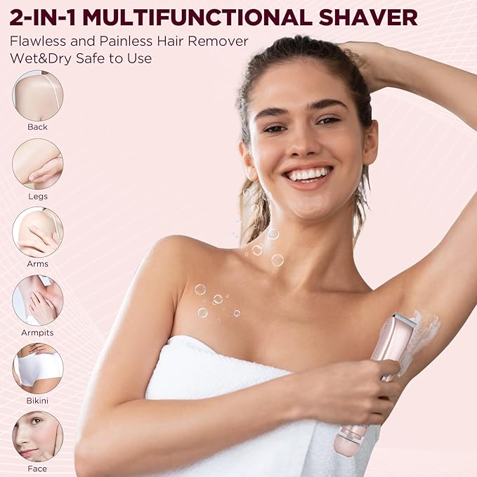 2 in 1 Women Electric Shaver, Dual Head Bikini Trimmer for Women IPX7 Waterproof Wet & Dry Use Electric Razors with Dual Heads Rechargeable Lady Trimmer for Bikini Underarm Leg Arm Body Face