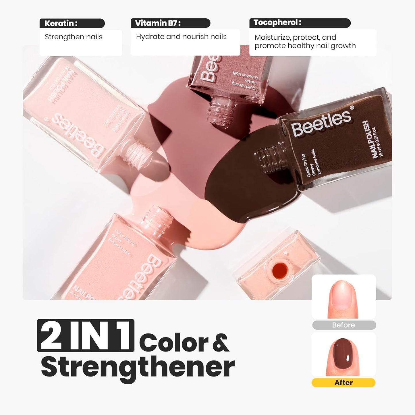 Beetles Nude Nail Polish Set 7Pcs: Fast Drying & Long Lasting Neutral Beige Brown Nail Polish with 2 IN 1 Base & Top Coat and Cuticle Serum, All-in-One Care Nails Gift Sets