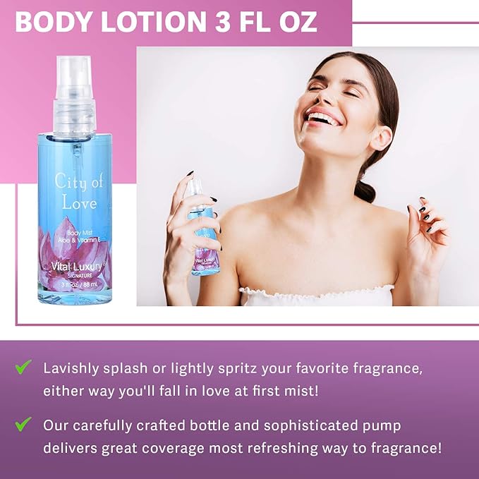 Bath & Body Care Travel Set - Home Spa Set with Body Lotion, Shower Gel and Fragrance Mist, Valentines Day Gifts for Her and Him(City of Love)